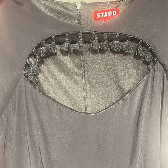 $350 NWT Staud Black Cut Out Front Tassels Dress Large mini Cutout - Picture 5 of 5